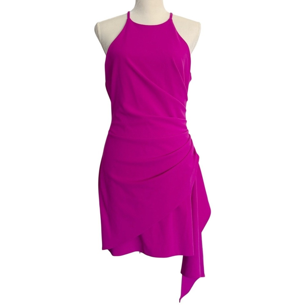 Belle Badgley Mischka Womens Pink Halter Asymmetrical Draped Cocktail Dress 8